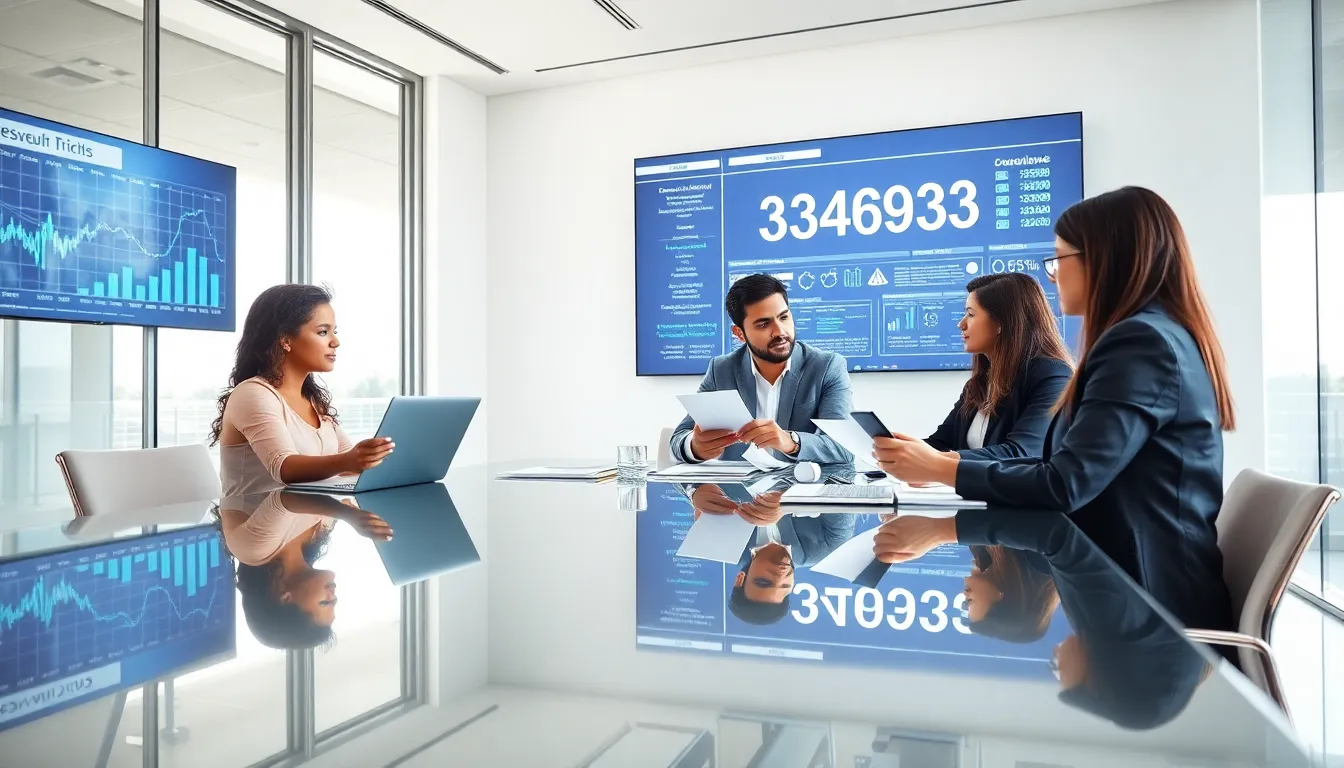 diverse team discussing data in a modern office.
