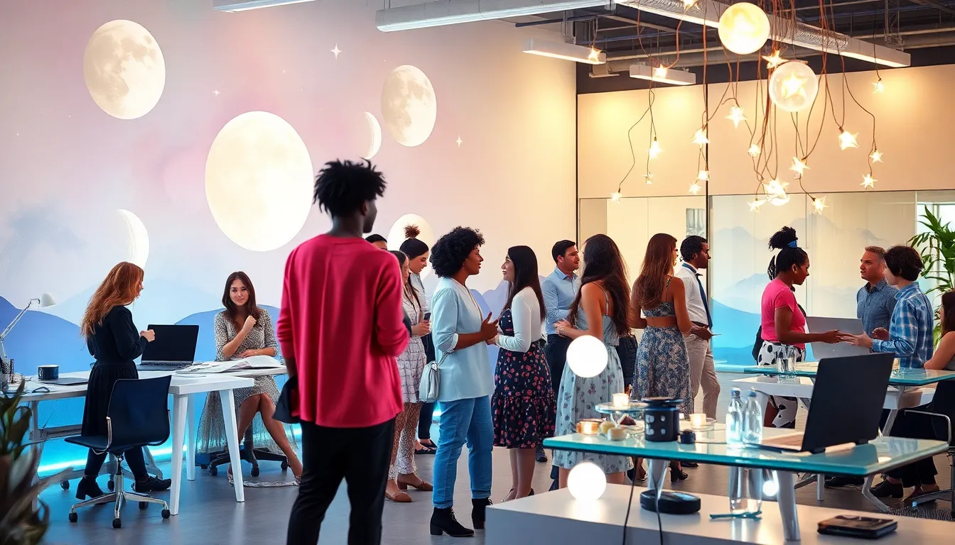 diverse group in a creative space inspired by fantasy themes.